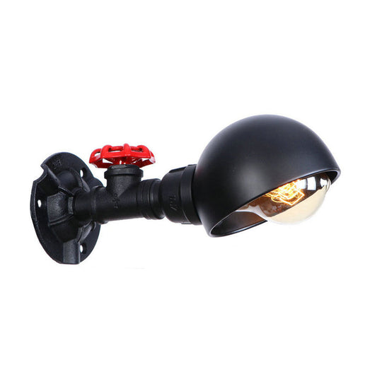 Industrial Half Globe Wall Lamp With Red Valve Decoration In Black - 1 Light Metal Sconce