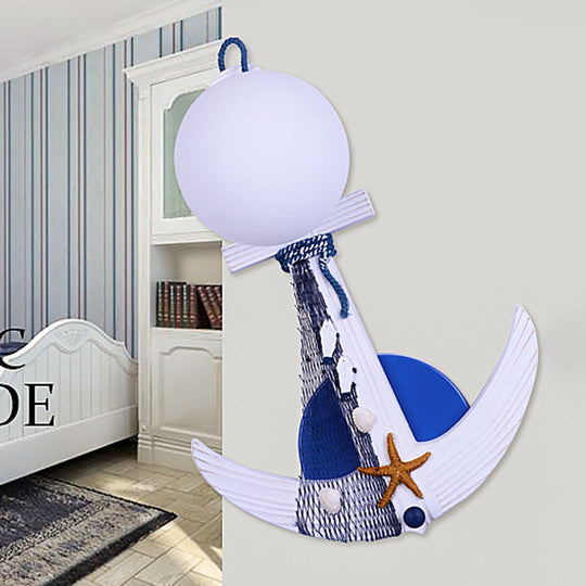 Childrens Wood Anchor Sconce Light Fixture - Single White-Blue Wall Lighting With Glass Shade And