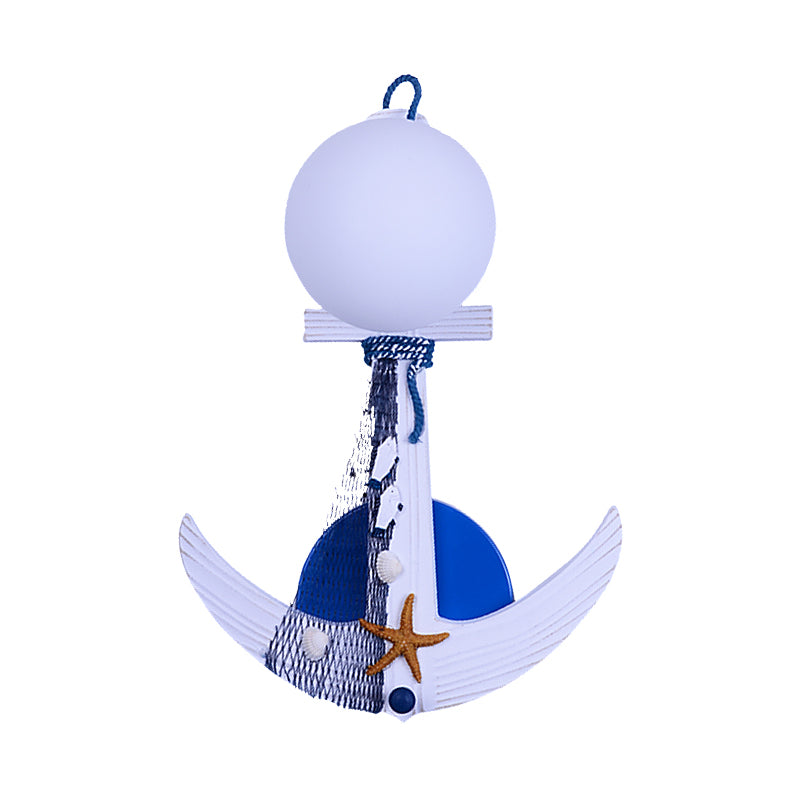 Childrens Wood Anchor Sconce Light Fixture - Single White-Blue Wall Lighting With Glass Shade And