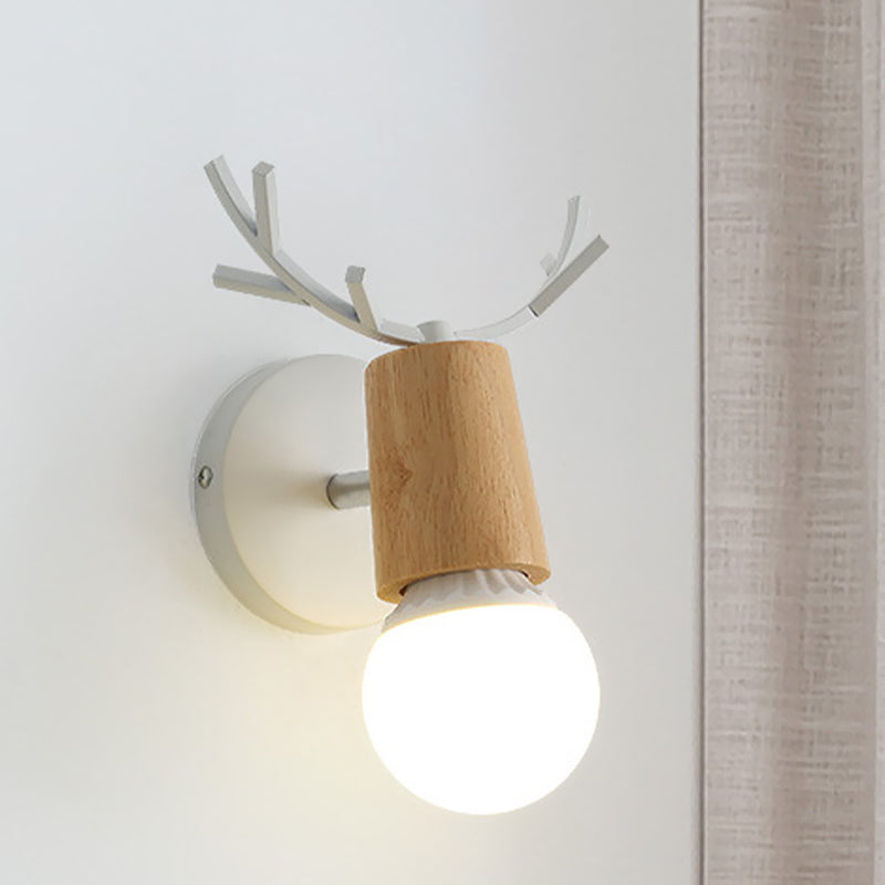 Nordic Rotatable Wall Lamp Wood 1 Head Sconce Lighting For Bedroom - Black/White With Antler Top