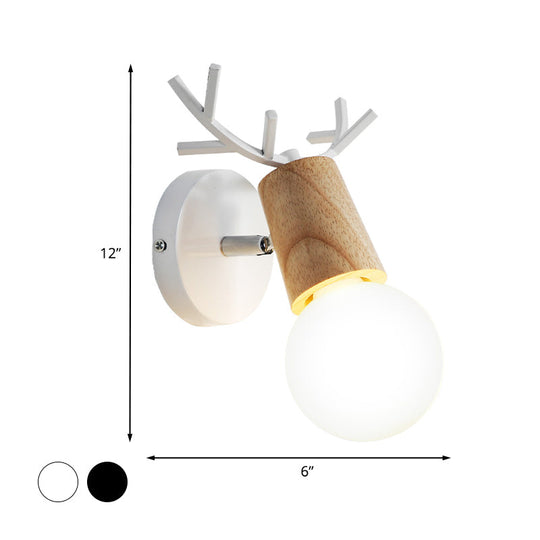 Nordic Rotatable Wall Lamp Wood 1 Head Sconce Lighting For Bedroom - Black/White With Antler Top