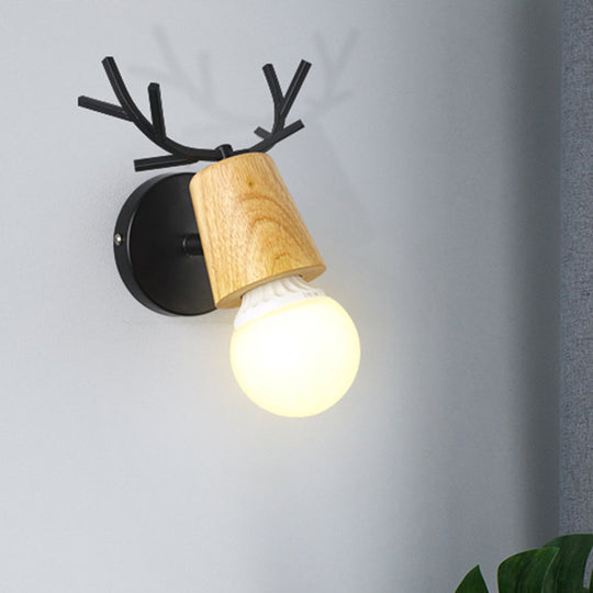 Nordic Rotatable Wall Lamp Wood 1 Head Sconce Lighting For Bedroom - Black/White With Antler Top