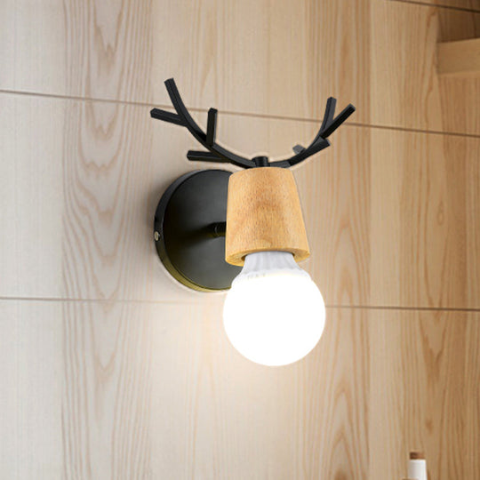 Nordic Rotatable Wall Lamp Wood 1 Head Sconce Lighting For Bedroom - Black/White With Antler Top