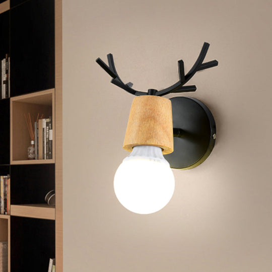 Nordic Rotatable Wall Lamp Wood 1 Head Sconce Lighting For Bedroom - Black/White With Antler Top