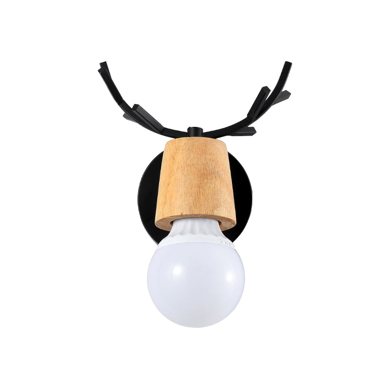 Nordic Rotatable Wall Lamp Wood 1 Head Sconce Lighting For Bedroom - Black/White With Antler Top