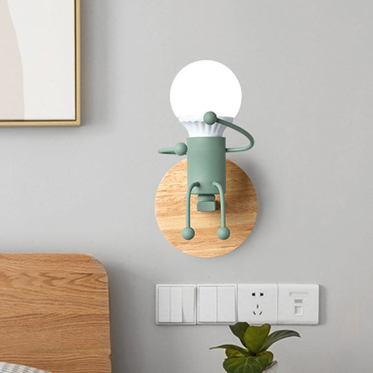 Fun Robot Design Bedside Wall Sconce With Single Iron Lamp Socket For Kids - Available In Grey Green