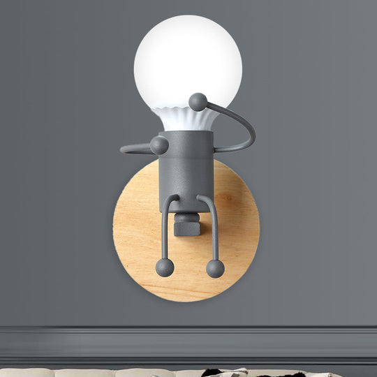 Fun Robot Design Bedside Wall Sconce With Single Iron Lamp Socket For Kids - Available In Grey Green