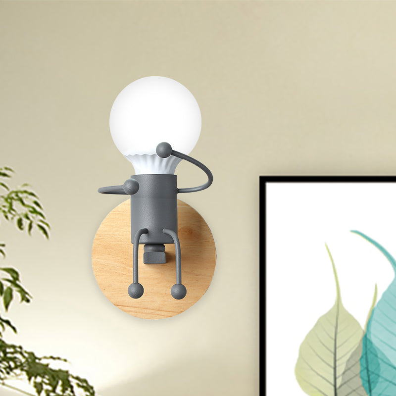 Fun Robot Design Bedside Wall Sconce With Single Iron Lamp Socket For Kids - Available In Grey Green