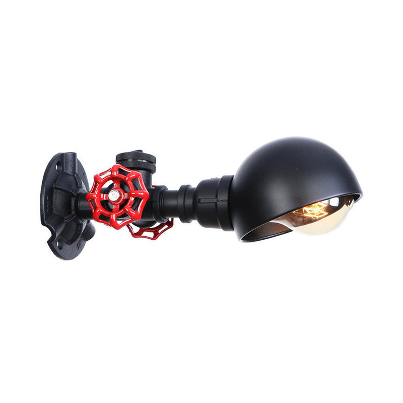 Industrial Half Globe Wall Lamp With Red Valve Decoration In Black - 1 Light Metal Sconce