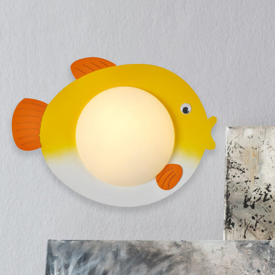 Frosted Glass Mini Sphere Sconce Kids Wall Light With Fish Backplate - Blue/Yellow Led Warm/White