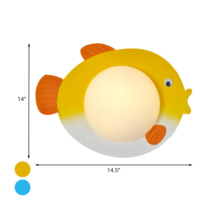 Frosted Glass Mini Sphere Sconce Kids Wall Light With Fish Backplate - Blue/Yellow Led Warm/White