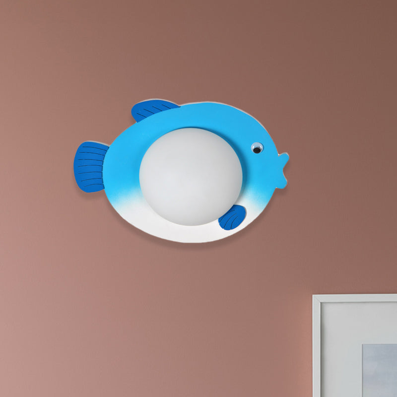 Frosted Glass Mini Sphere Sconce Kids Wall Light With Fish Backplate - Blue/Yellow Led Warm/White