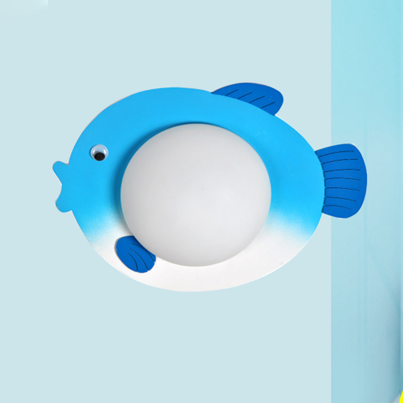 Frosted Glass Mini Sphere Sconce Kids Wall Light With Fish Backplate - Blue/Yellow Led Warm/White