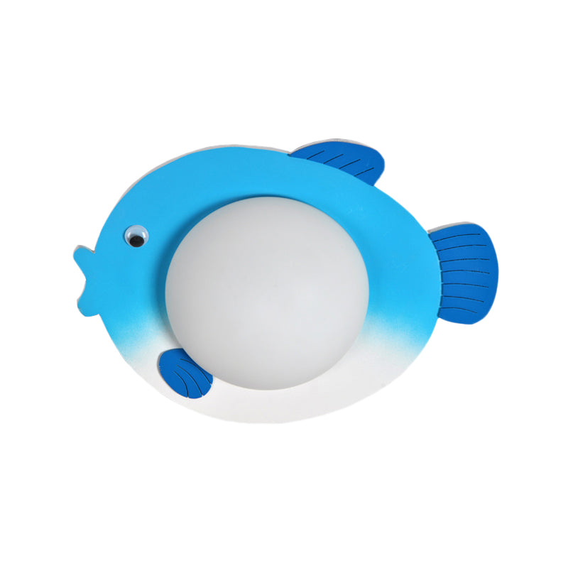 Frosted Glass Mini Sphere Sconce Kids Wall Light With Fish Backplate - Blue/Yellow Led Warm/White