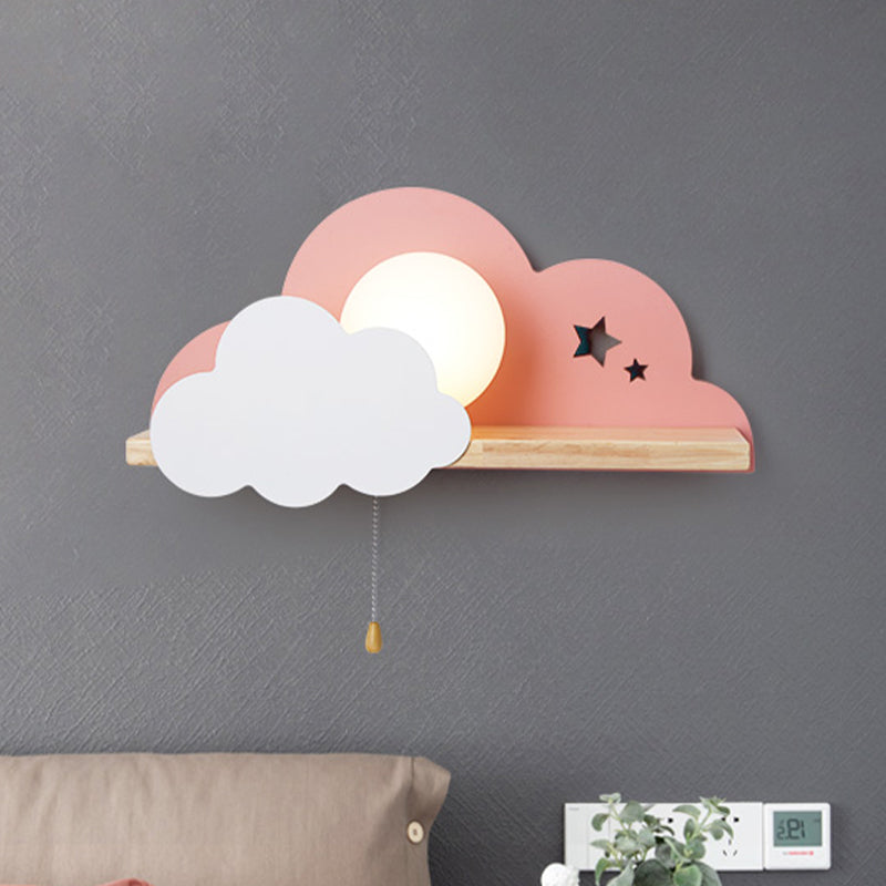 Cloud Design Wall Light With Wood Shelf In Pink/Grey/White Opal Glass