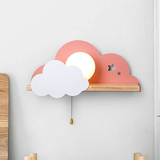 Cloud Design Wall Light With Wood Shelf In Pink/Grey/White Opal Glass