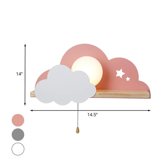 Cloud Design Wall Light With Wood Shelf In Pink/Grey/White Opal Glass