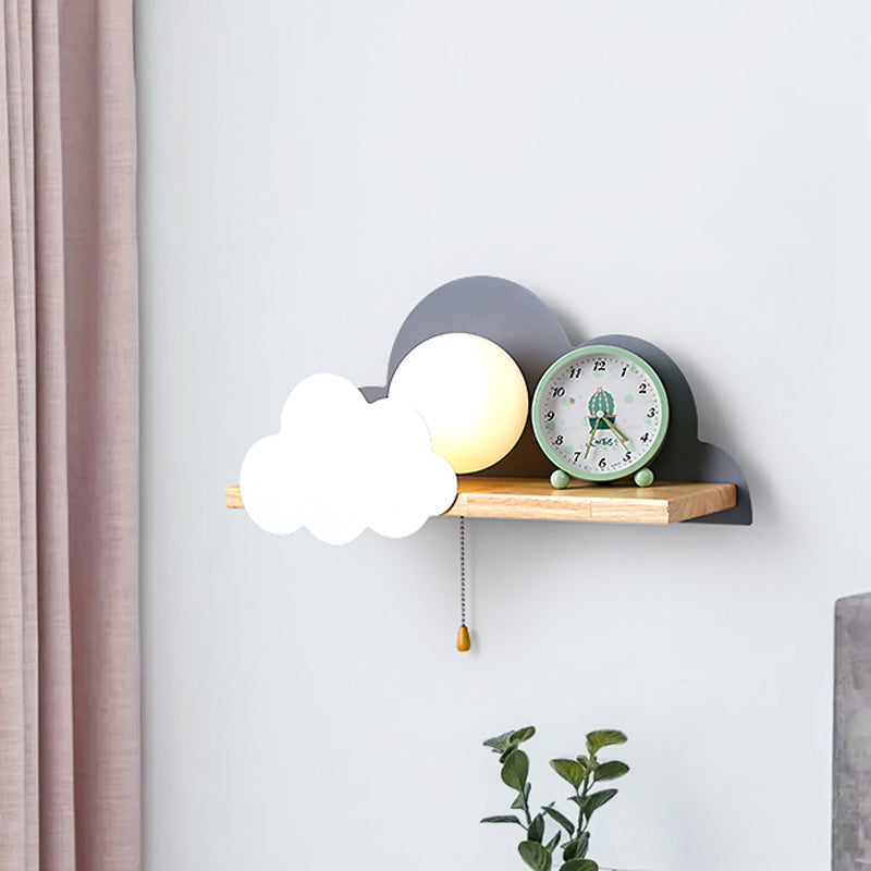 Cloud Design Wall Light With Wood Shelf In Pink/Grey/White Opal Glass