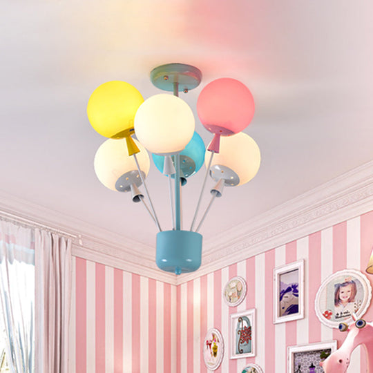 Kids Blue Ceiling Light: 6 Lights Nursery Semi Flush Mount with Colorful Balloon Glass Shades