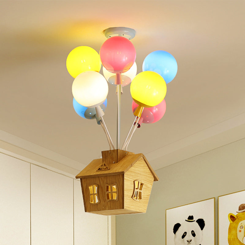 Kids Ceiling Balloon Nursery Light: Blue-Pink-Yellow Glass Wooden House Design 6 Lights Semi Flush