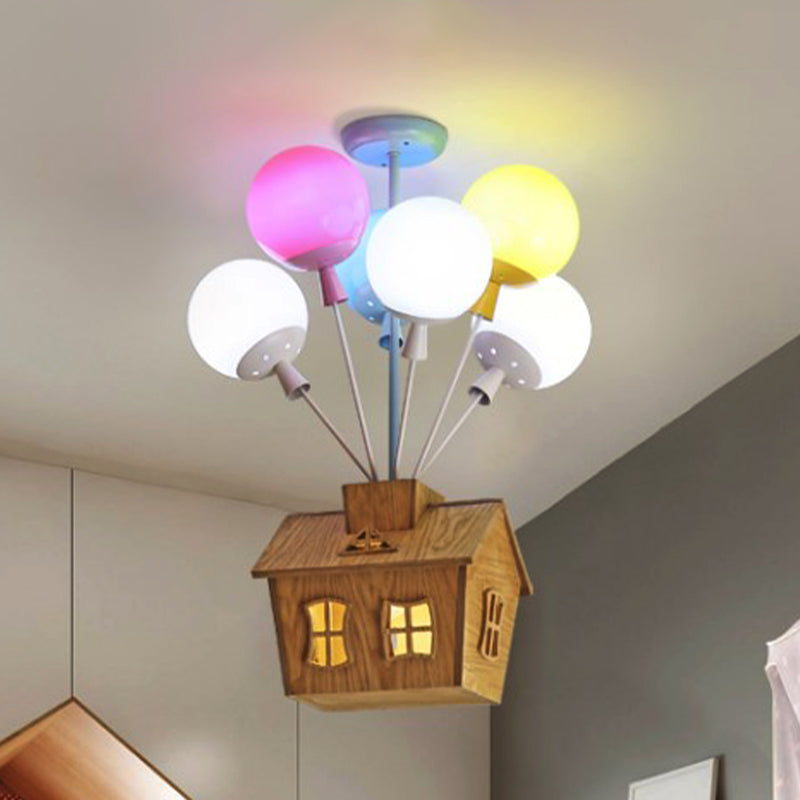 Wooden House Kids Ceiling Flush with Balloon Nursery Semi Flush Light Glass - 6 Lights, Blue-Pink-Yellow