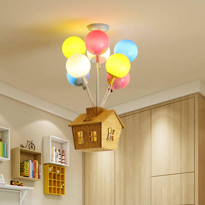 Kids Ceiling Balloon Nursery Light: Blue-Pink-Yellow Glass Wooden House Design 6 Lights Semi Flush