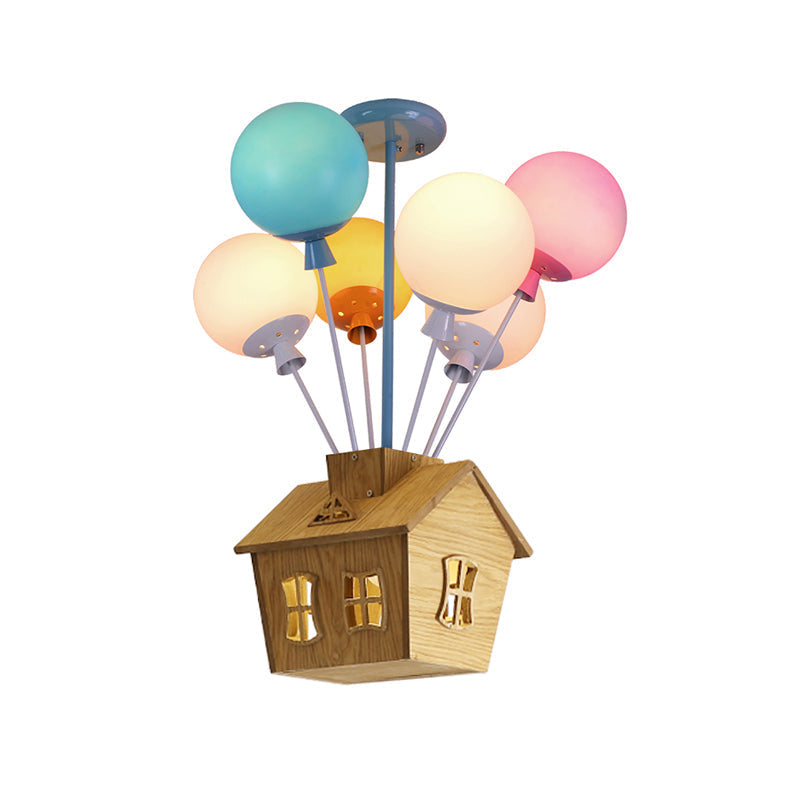 Kids Ceiling Balloon Nursery Light: Blue-Pink-Yellow Glass Wooden House Design 6 Lights Semi Flush