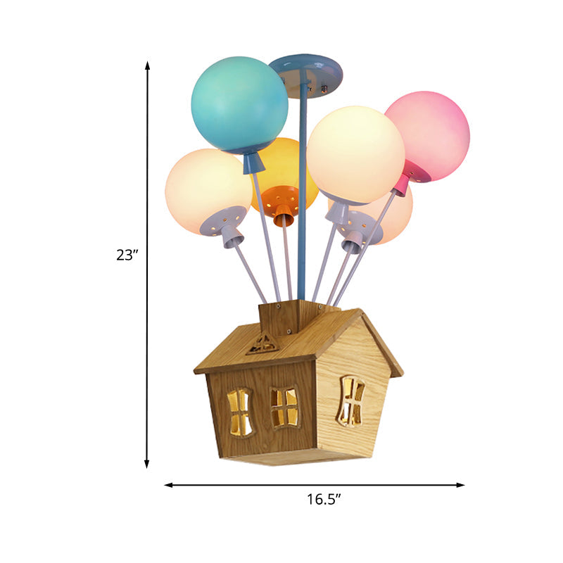 Kids Ceiling Balloon Nursery Light: Blue-Pink-Yellow Glass Wooden House Design 6 Lights Semi Flush