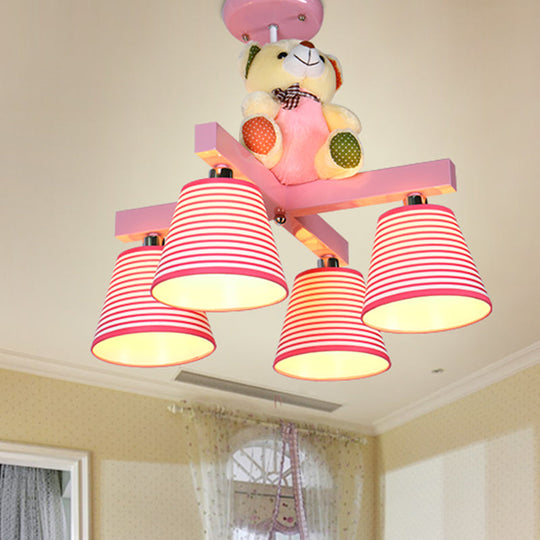 Kids' 4-Bulb Pink Barrel Semi-Mount Fabric Ceiling Lamp with Bear Decor