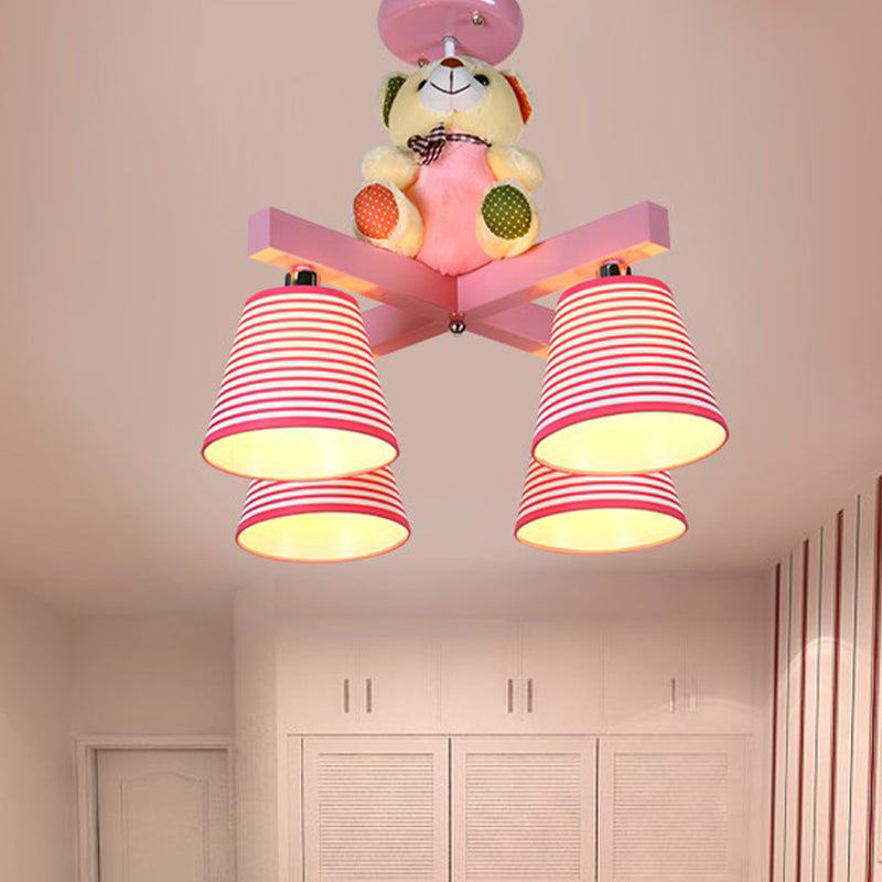 Kids' 4-Bulb Pink Barrel Semi-Mount Fabric Ceiling Lamp with Bear Decor