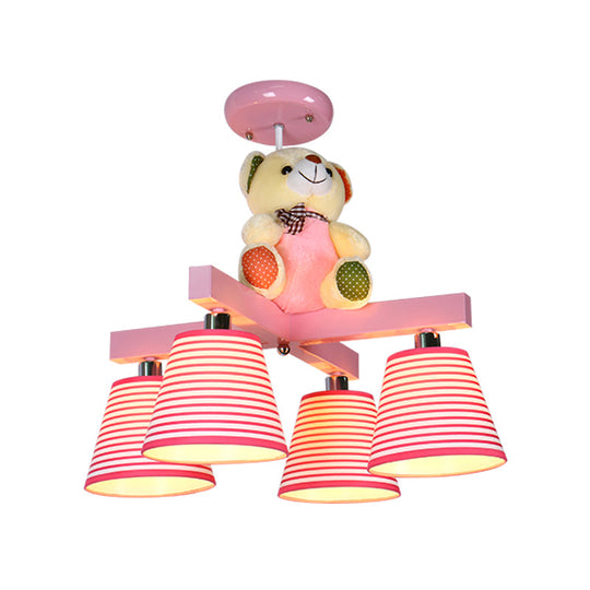 Kids' 4-Bulb Pink Barrel Semi-Mount Fabric Ceiling Lamp with Bear Decor