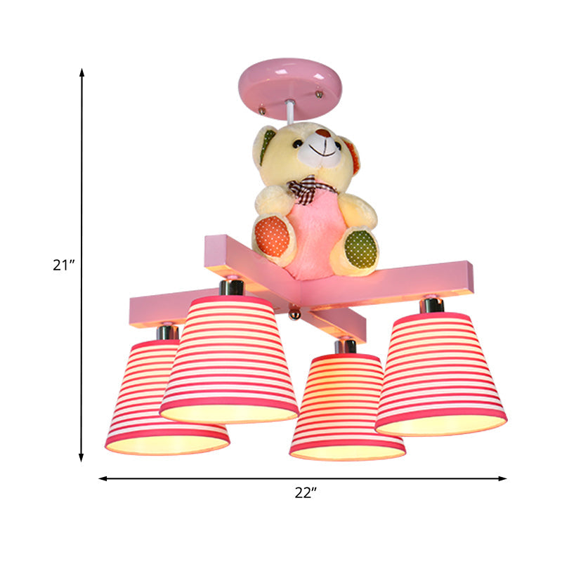 Kids' 4-Bulb Pink Barrel Semi-Mount Fabric Ceiling Lamp with Bear Decor