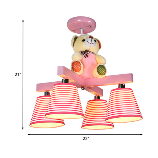 Kids' 4-Bulb Pink Barrel Semi-Mount Fabric Ceiling Lamp with Bear Decor