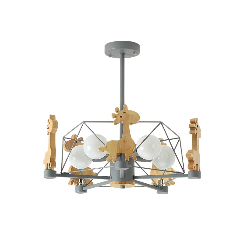 Wooden Giraffe Ceiling Fixture For Kids - 5-Light Semi Flush Mount With Star Iron Frame