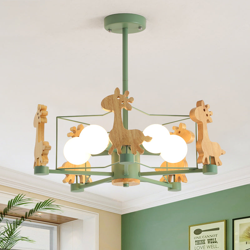 Wooden Giraffe Ceiling Fixture for Kids - 5-Light Semi Flush Mount with Star Iron Frame, Grey/Pink/Green