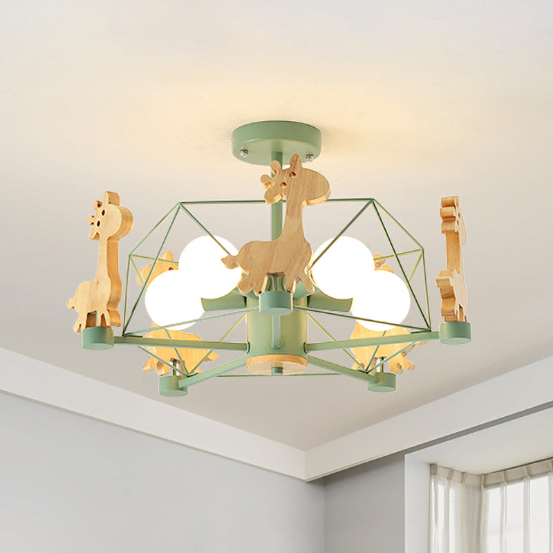 Wooden Giraffe Ceiling Fixture For Kids - 5-Light Semi Flush Mount With Star Iron Frame