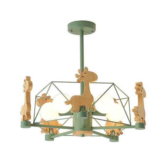 Wooden Giraffe Ceiling Fixture for Kids - 5-Light Semi Flush Mount with Star Iron Frame, Grey/Pink/Green