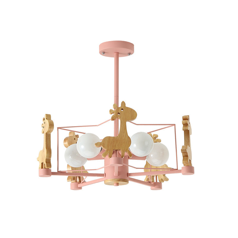 Wooden Giraffe Ceiling Fixture for Kids - 5-Light Semi Flush Mount with Star Iron Frame, Grey/Pink/Green