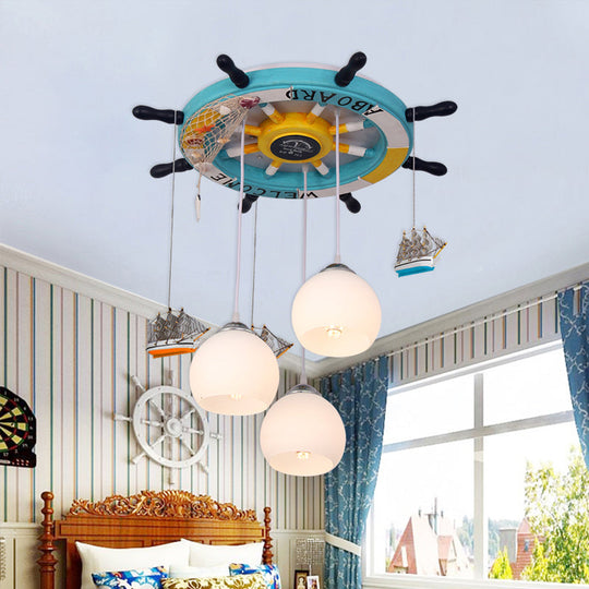 Glass Rudder Pendant Light - 3-Bulb Ceiling For Kids Room Cream/Dark Blue