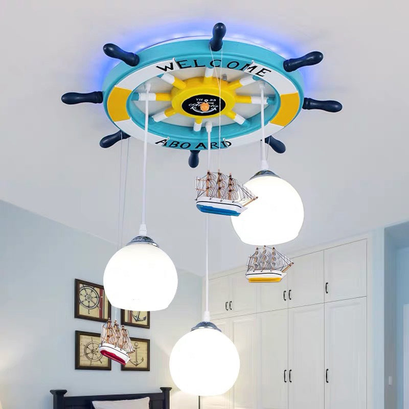 Glass Rudder Pendant Light - 3-Bulb Ceiling For Kids Room Cream/Dark Blue