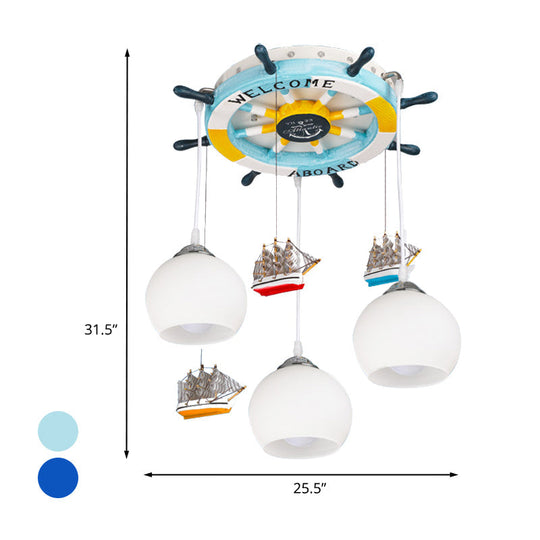 Glass Rudder Pendant Light - 3-Bulb Ceiling For Kids Room Cream/Dark Blue