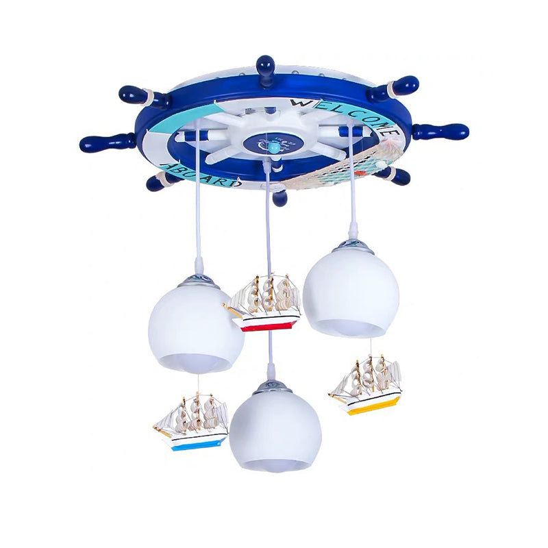 Glass Rudder Pendant Light - 3-Bulb Ceiling For Kids Room Cream/Dark Blue