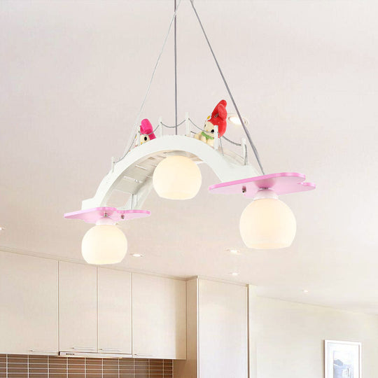 Wooden Kids Pendant Lamp With 3 Blue/Pink Heads And Cream Glass Shade - Bridge Nursery Cluster