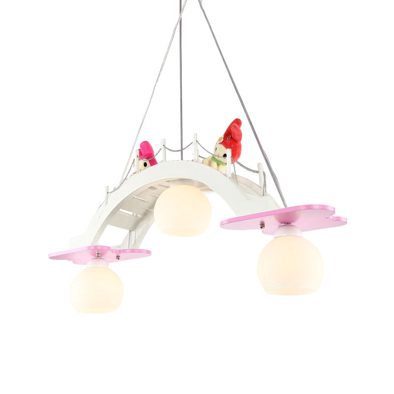 Wooden Kids Pendant Lamp With 3 Blue/Pink Heads And Cream Glass Shade - Bridge Nursery Cluster