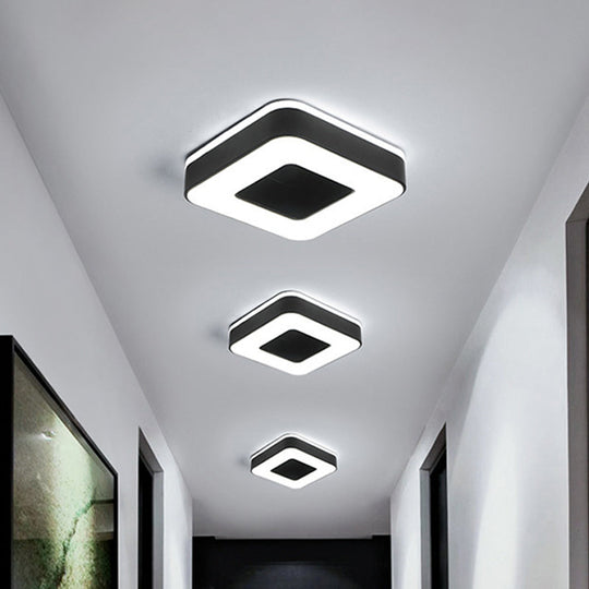 Sleek LED Corridor Ceiling Light with Simple Black/White Flush Mount & Small Square/Round Acrylic Frame, Warm/White Light