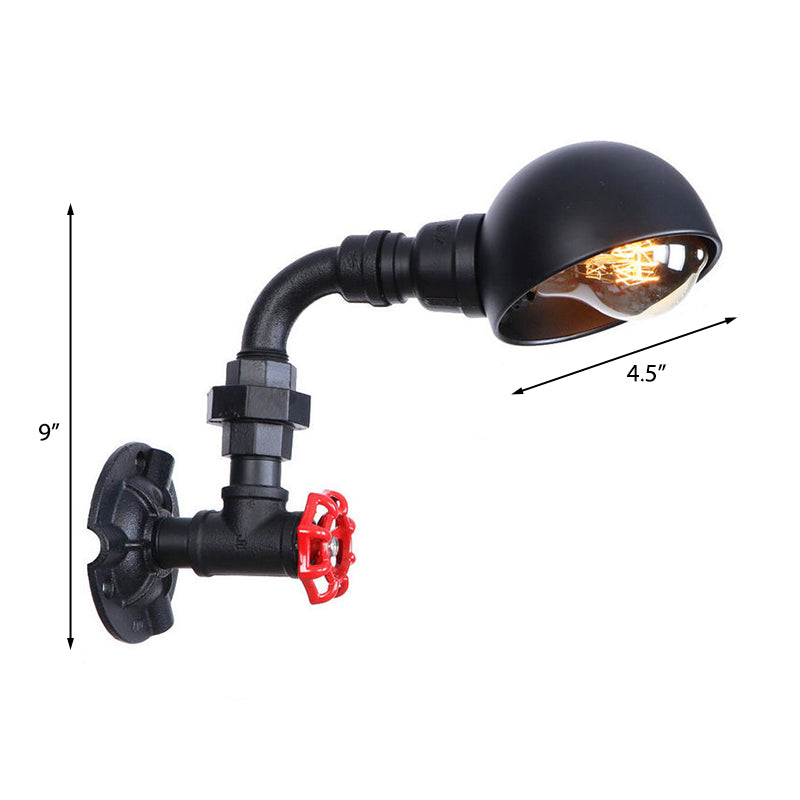 Vintage Iron Stairway Wall Light With Dome Shade And Red Valve - Black Water Pipe Lighting 1 Bulb