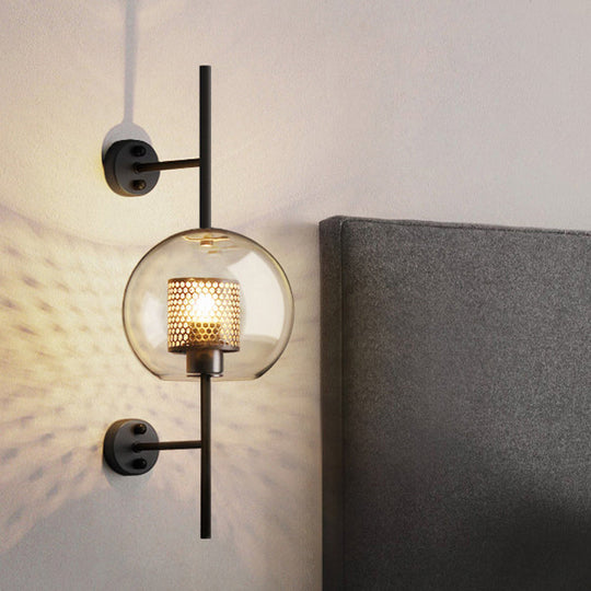 Smoke Gray Glass Colonial Sphere Wall Sconce - Black Finish Cylinder Wire Mesh Inside 8/10 Wide