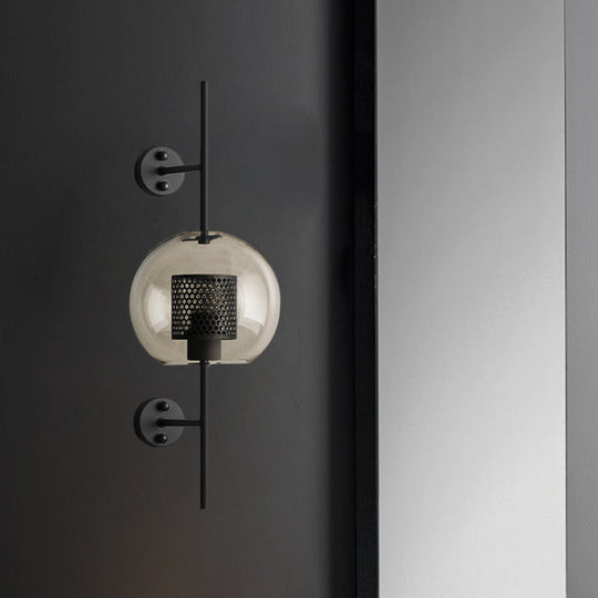 Smoke Gray Glass Colonial Sphere Wall Sconce - Black Finish Cylinder Wire Mesh Inside 8/10 Wide