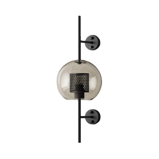 Smoke Gray Glass Colonial Sphere Wall Sconce - Black Finish Cylinder Wire Mesh Inside 8/10 Wide