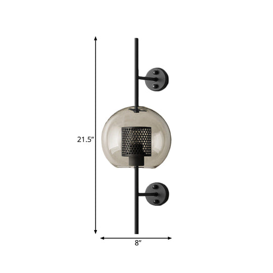 Smoke Gray Glass Colonial Sphere Wall Sconce - Black Finish Cylinder Wire Mesh Inside 8/10 Wide